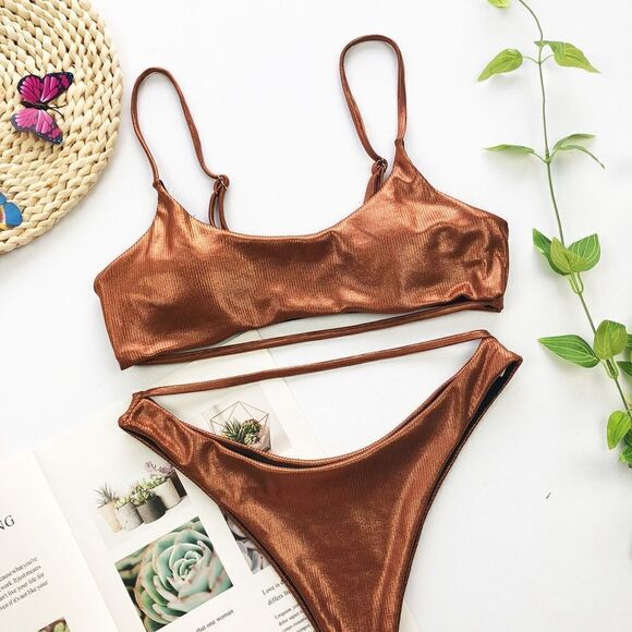 Metallic Ribbed Cut Out Bandage Brazilian Bikini - Picture 5 of 6